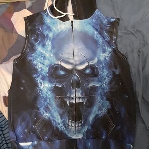 Sleeveless 3D print Flaming Skull Hoodie